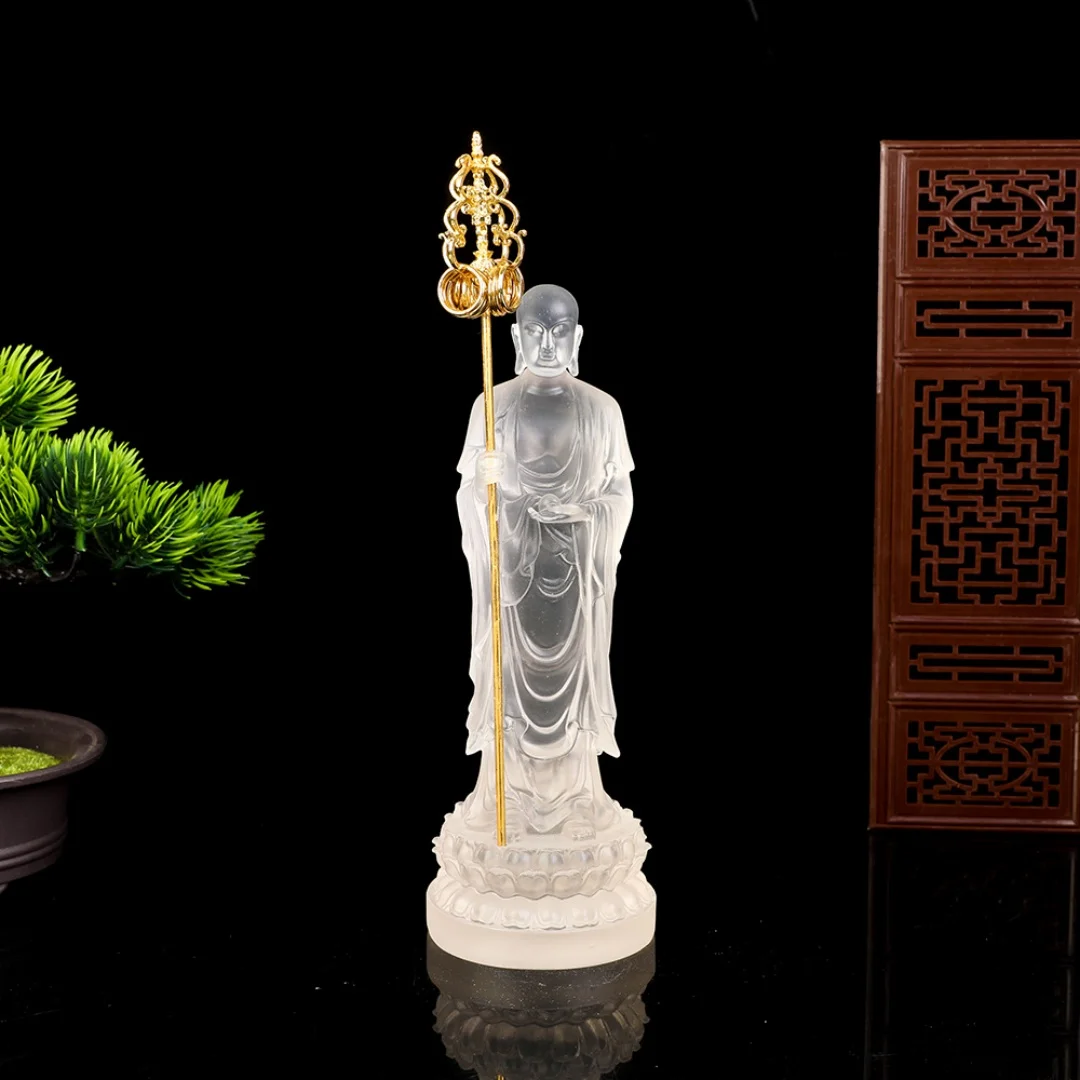 Фото Полупрозрачная фигурка Бодхисаттвы Кшитигарбхи в цветной глазури с троном-лотосом и посохом для украшения домашнего алтаря. №4