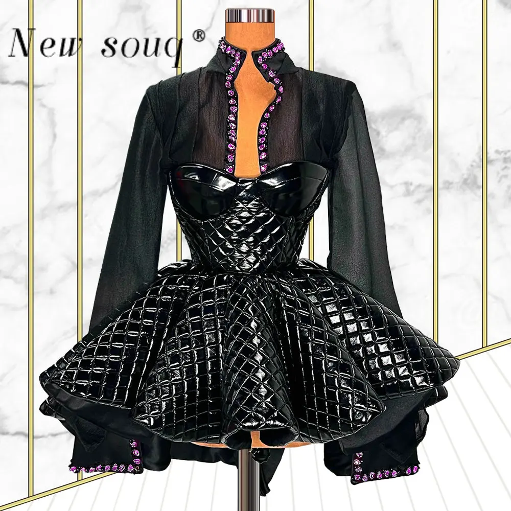 

Fashion Black Short Puffy Prom Dresses 2023 Long Sleeves Girls Party Gowns Crystals Edgy Stage Daily Wear Outfits