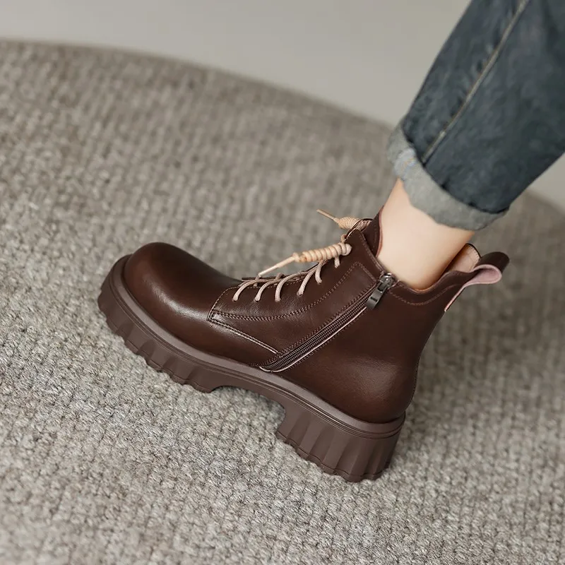 Vintage Thick Soled Boots Women's Brand Side Zipper Height Increasing Boot Chunky Heel Single Booties  Boots Women