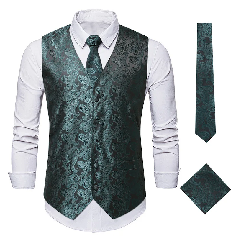 

Parklees Steampunk Green Paisley Suit Vest for Men Party Banquet Slim Fit Vintage Jacquard Waistcoat Tie Hankerchief 3PC Set 3XL