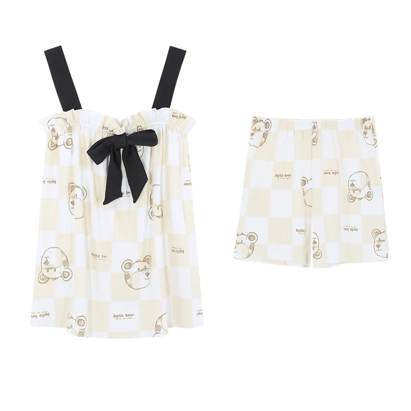 New Summer Thin Pajamas for Women Square Collar Soft Suspenders Short-sleeved Shorts Cool Feeling Sexy Style Home Service Suit