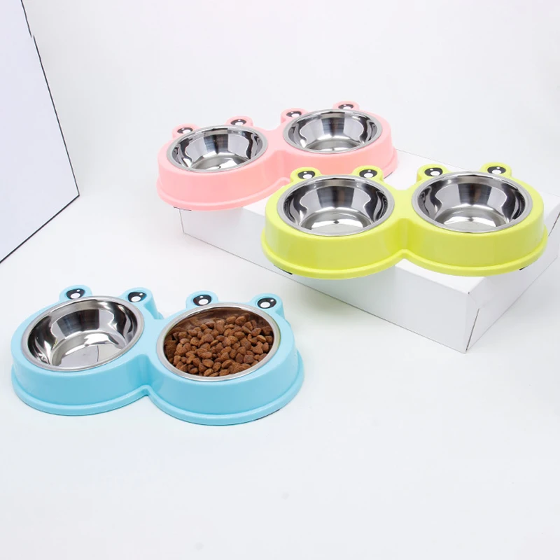 Cat Bowl Dog Bowl Drinking Water Feeding One-piece Pet Double Bowl Stainless Steel Frog Shape Pet Bowl Pet Food Utensils Pet Pro