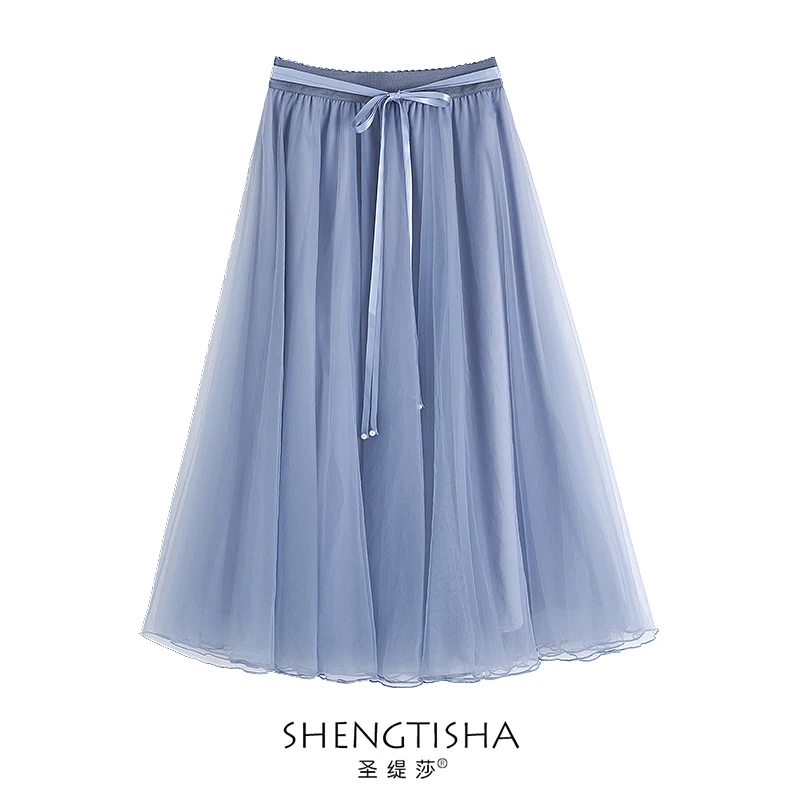 

2022 New Heavy Duty Gauze Skirt Women's Solid Color Lace-up Elastic Waist High Waist Summer Gauze Skirt Long Fairy Skirt