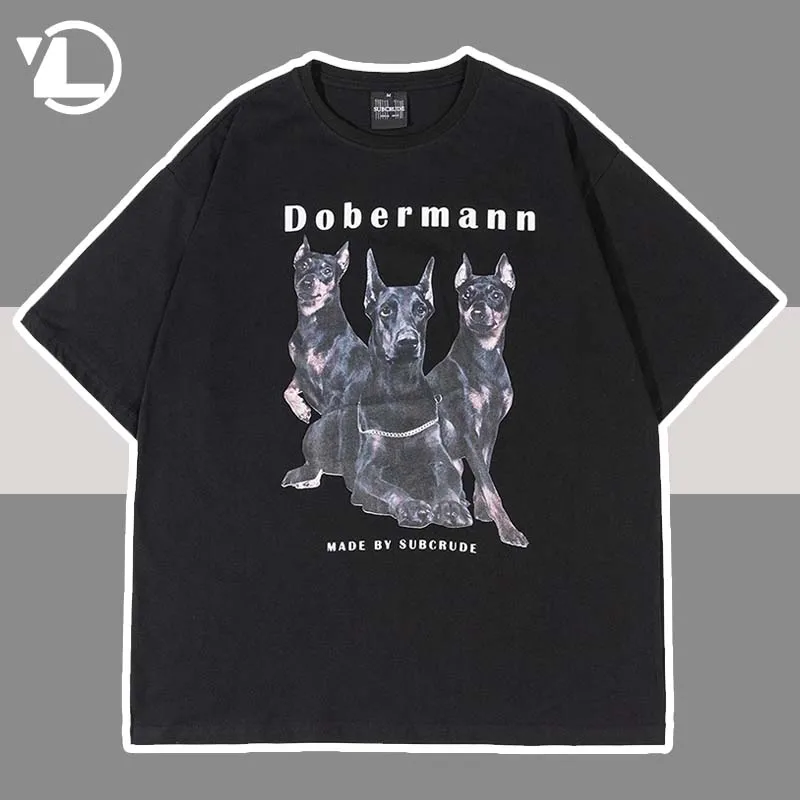 

Mens Hip Hop T Shirt Streetwear Three Dogs Printed T-Shirt 2022 Summer Short Sleeve Tshirt Harajuku casual Cotton Top Tees Black