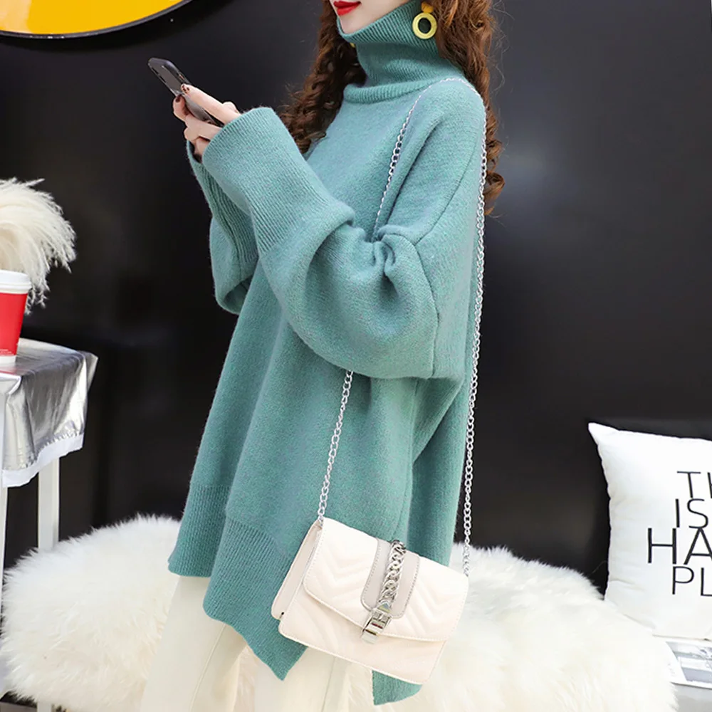 

Casual Loose Autumn Winter Turtleneck Sweater Women Oversize Solid Knitted Sweaters Warm Long Sleeve Pullover Sweater Black Blue
