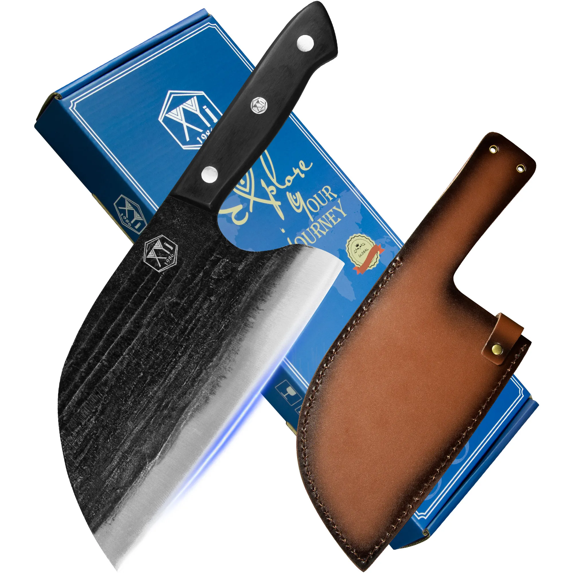 

XYj Handmade Butcher Knife 8Inch High Carbon Steel Cleaver Chopping Knife Gift Set Fixed Blade Cutting Cooking Knife Wood Handle