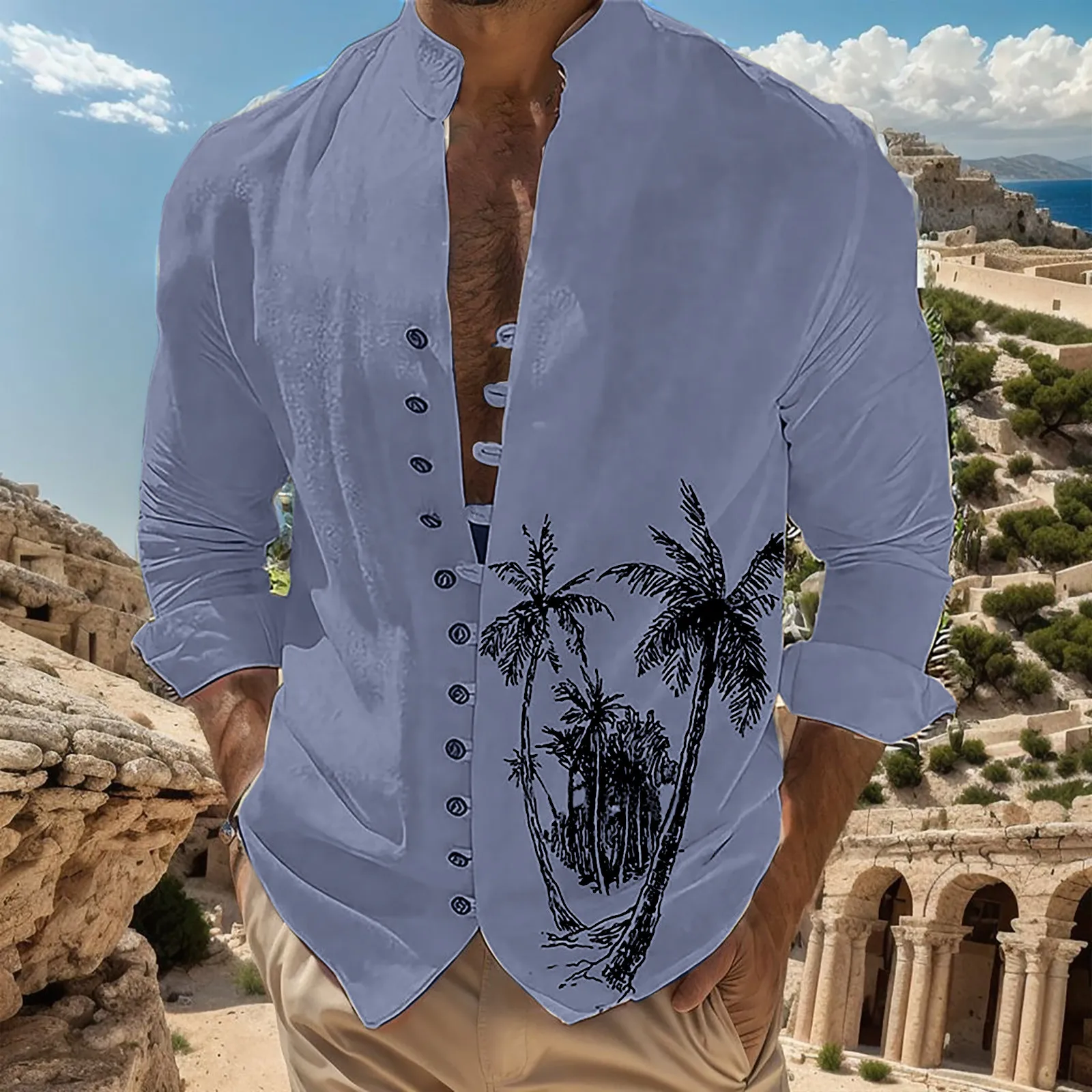 

Mens Holiday Seaside Leisure Loose Button Stand Collar Digital 3D Printed Shirt Long Sleeve Geometric Breathable