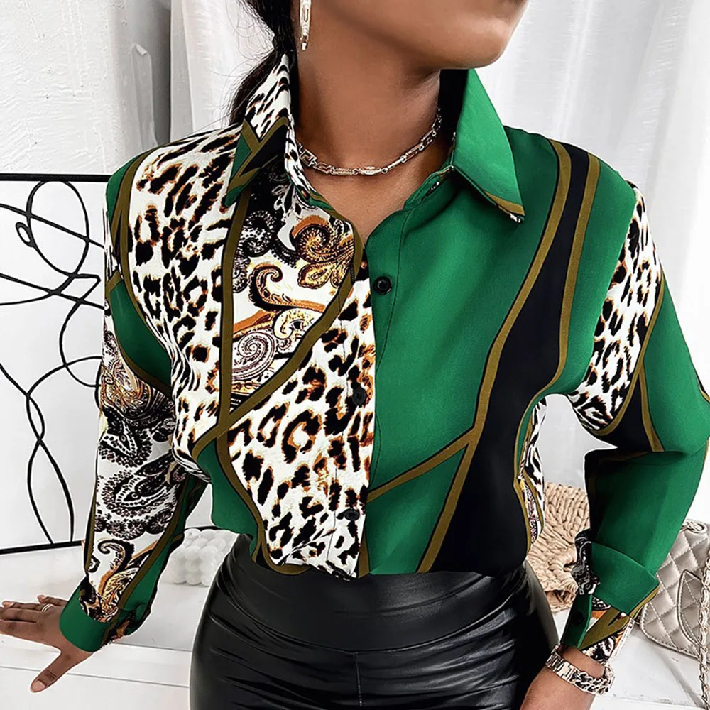 

Spring Women's Shirts New Vintage Loose Contrast Color Leopard Chiffon Women Blouse Office Lady Long Sleeve Fashion Tops Shirt