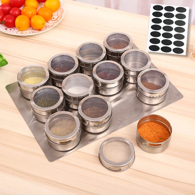 

12Pc Magnetic Spice Jar Set Stainless Steel Seasoning Pot with Labels Stickers Household Spice Container Organizer Kitchen Tools