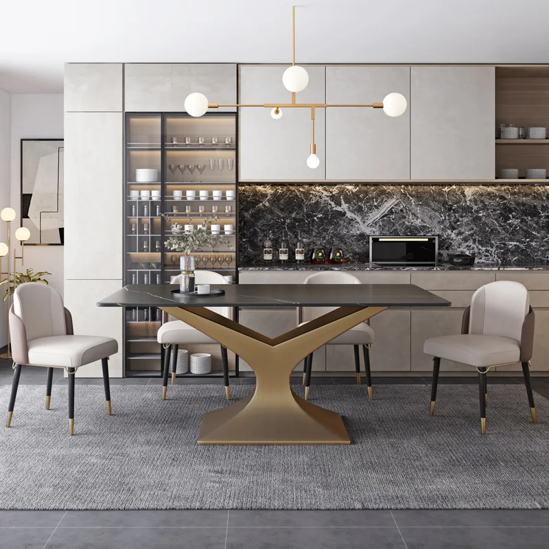 

Italian light luxury rock plate dining table size house type modern simple rectangular creative imported dining table and chair