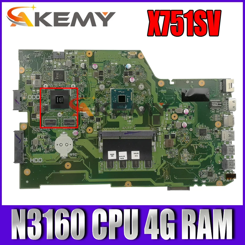 

AKemy для ASUS X751SV X751SJ X751S материнская плата для ноутбука 4G/N3160 тест процессора 100% ОК