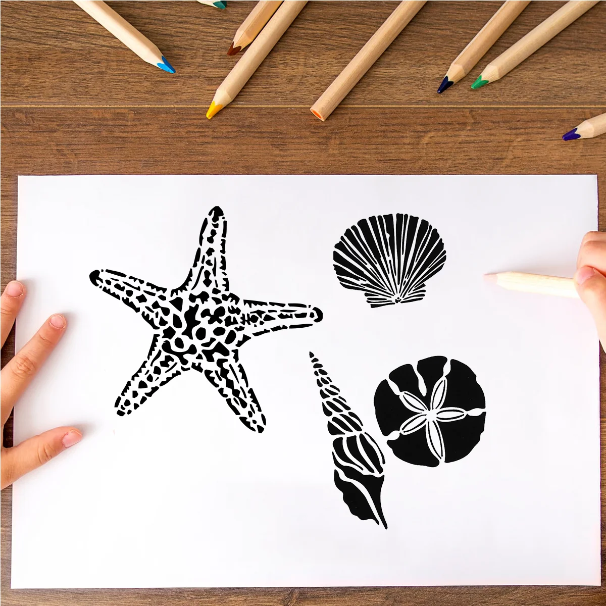 

Трафареты для рисования морскими звездами, морскими коньками, ракушками, вырезами, трафареты для журнала