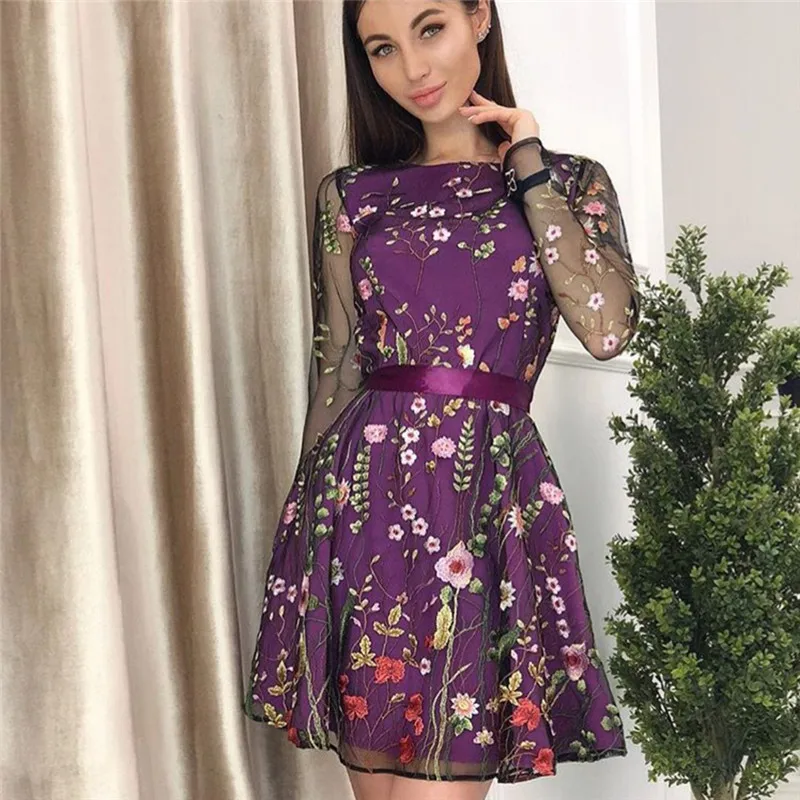

New Style Mesh Patchwork Pink Flowers See Through Short Dress Birthday Party Celebrate Dress Nightclub Women Embroidery Dress