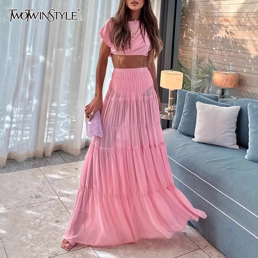 Фото TWOTWINSTYLE однотонный комплект из двух предметов для женщин, топ без рукавов с круглым вырезом, высокая талия, юбка со складками, элегантные комплекты, женская мода №1