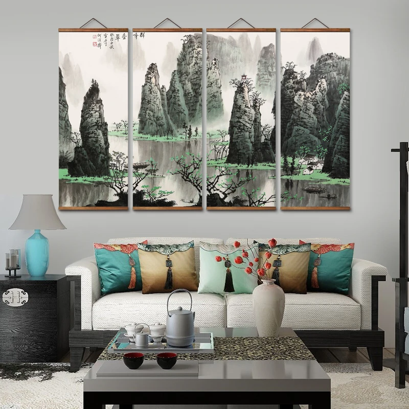 

Декоративные настенные постеры MT0018 в китайском стиле с изображением пейзажа зеленых пиков, постеры на холсте, картины с прорезями из массива дерева
