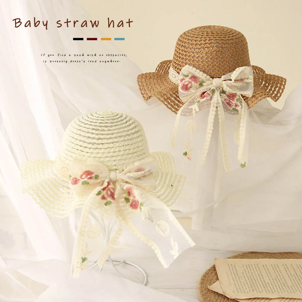 

Соломенная шляпа для девочек, кружевная Панама от солнца с широкими полями, с мягкими цветами, однотонная, с бахромой, для пляжа, летняя