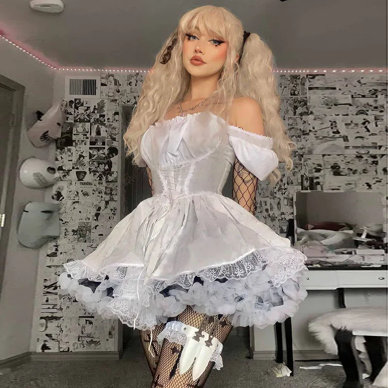 

Japanese Lolita Princess Black Gothic Sexy Mini Bad Girl Dress Kawaii High Waist Puff Sleeve Lace Ruffles White Party Robe Women