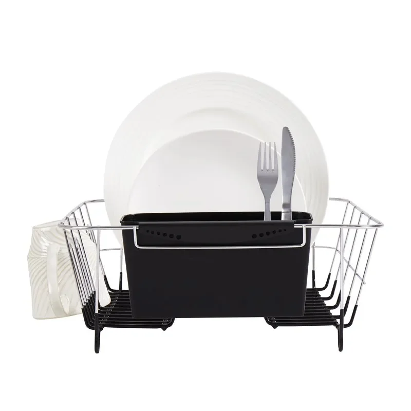 

"Perfect Bold Black 2-Piece Small Chrome-Plated Steel Dish Drainer - Kitchen Ready!"