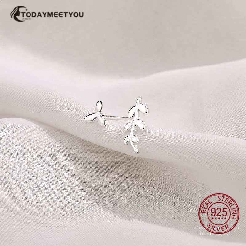 

925 Sterling Silver European Style Earrings For Women Simple Leaf Earrings Asymmetry Sweet Cute Student Fine Jewelry Dropship