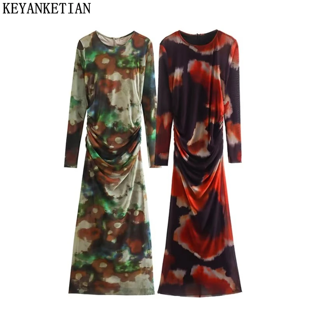 

KEYANKETIAN Women's spring pleated design tie-dye printed silk mesh dress retro style tight-fitting style bag hip MIDI skirt