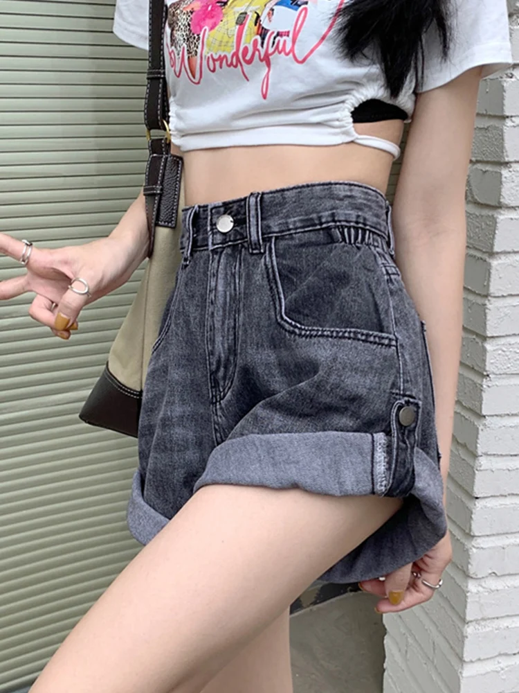 New Spring Summer Women High Waist Wide Leg Blue Denim Shorts Streetwear Female Loose Retro Jeans Shorts Bottoms