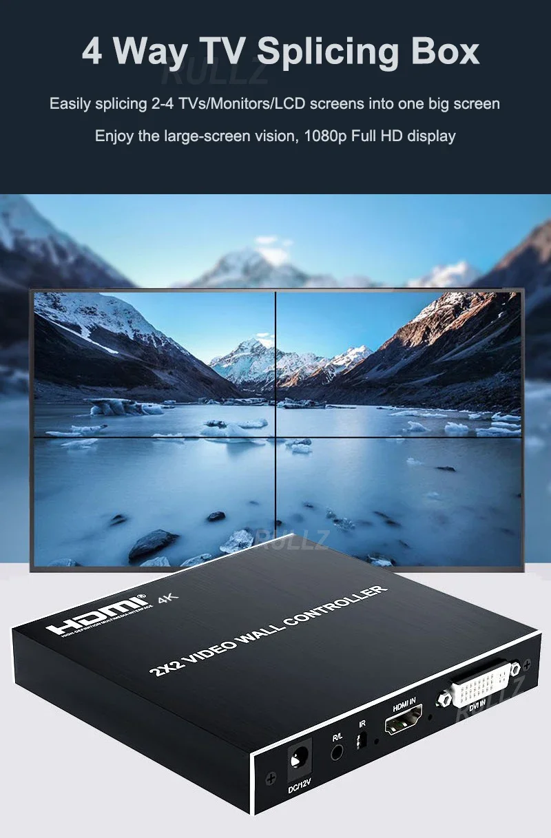 Фото Контроллер видеостены 4K 2x2 1X2 1X3 1X4 DVI HDMI, процессор для сращивания нескольких экранов 1080P 60Гц, 4-канальный видеопроцессор для ТВ, 180 каналов °   Перевернуть №2