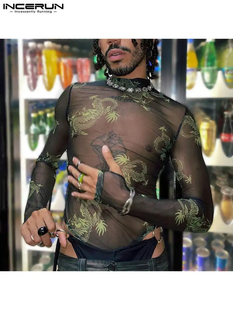 

Повседневный женский комбинезон для вечерние, мужской тонкий сексуальный стильный прозрачный комбинезон с длинным рукавом и рисунком драк...