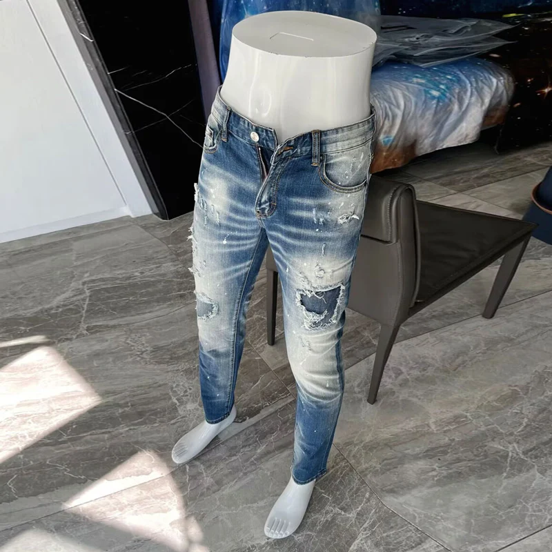 Street Fashion Men Jeans High Quality Retro Light Blue Elastic Skinny Fit Ripped Jeans Men Patched Designer Hip Hop Brand Pants