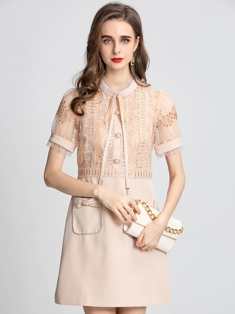 

Модельное платье MoaaYina, летнее женское платье с воротником-стойкой, сетчатые повседневные платья с коротким рукавом, вышивкой и карманами в ...