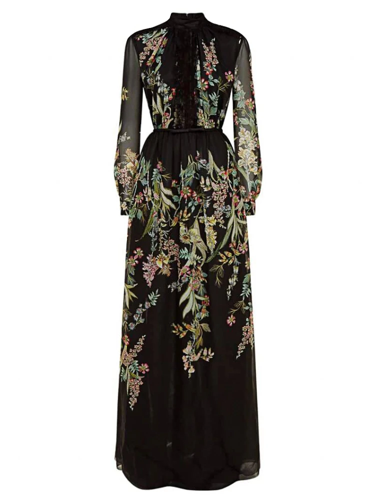

HepburnStyle Spring Autumn Dress French Senior Sense Bow Lace Black Floral Long Flutter Dress Street Popular 2023 Designer New