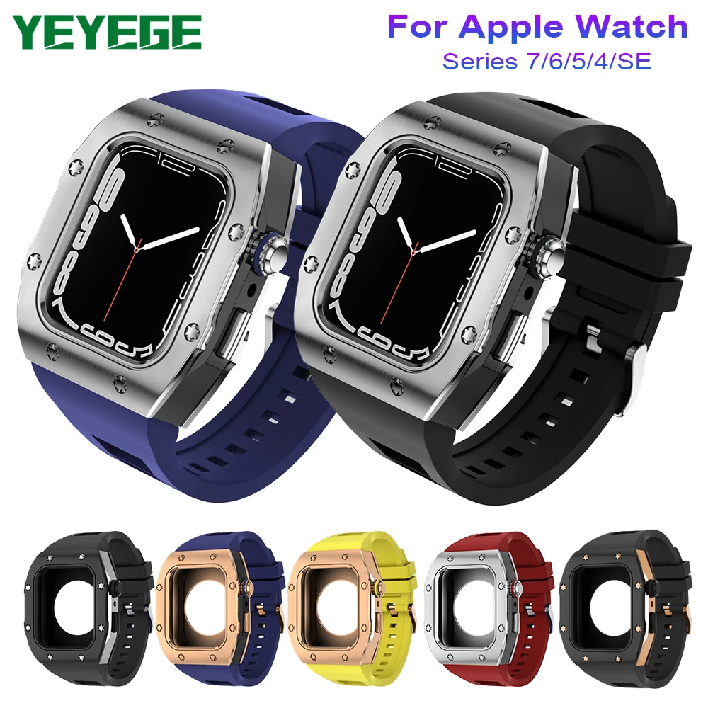 

Metal Alloy Case + Silicone Band Modification Kit for Apple Watch Band 7 8 45mm Metal Case iWatch 6 SE 5 4 44mm Rubber Correa