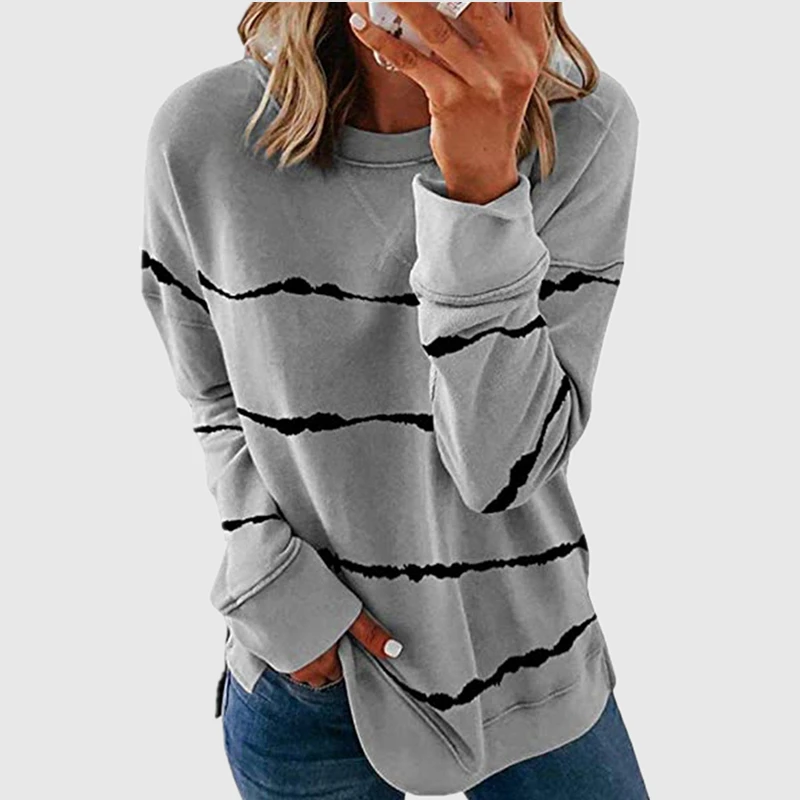 

New Fashion Printed Striped Long Sleeve Top Tee Shirt Ladies Crewneck Sweater Loose Long Sleeve Women Clothing
