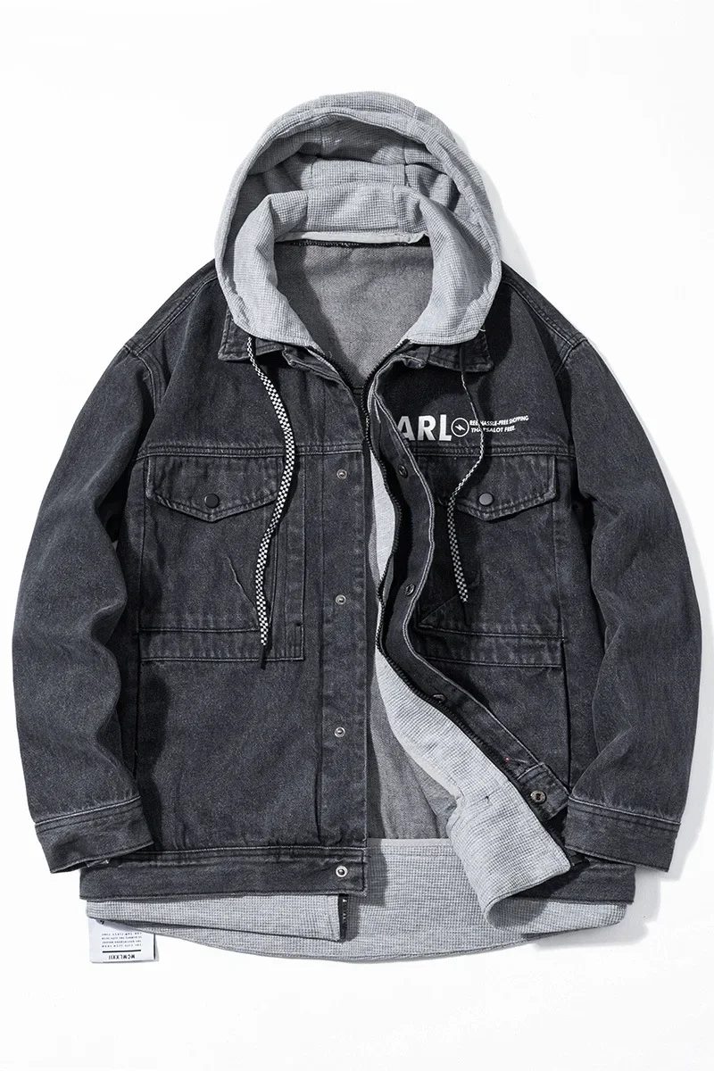 Джинсовая куртка с капюшоном для мужчин свободная клетчатая двухсекционная