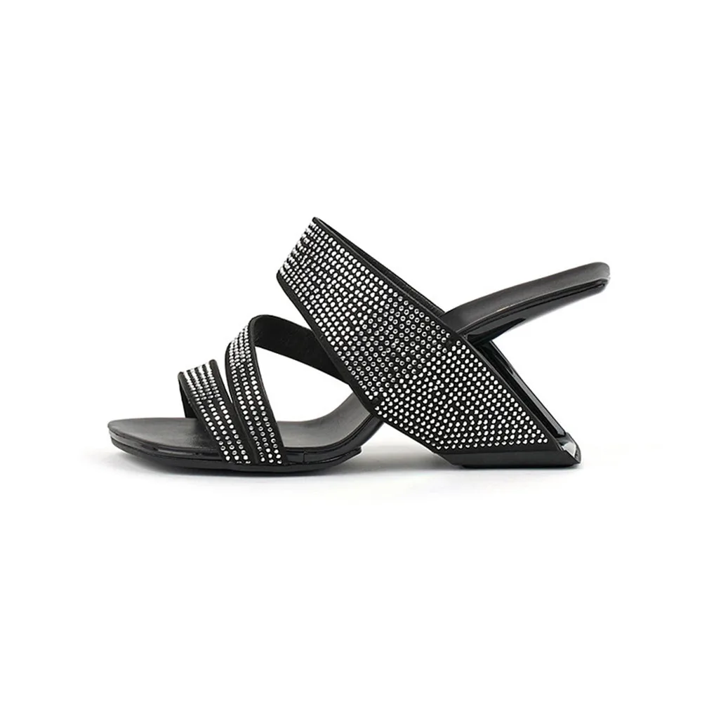 

Handmade Black Crystal Women Summer Slippers Narrow Strap Gladiator Apricot Slides Open Toe Fretwork High Heels Sandalias Femmes