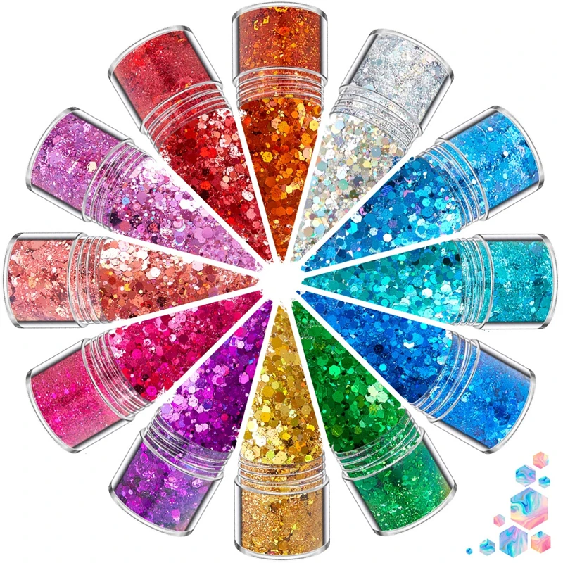 

12 Colors Mixed Holographic Hexagon Shape Chunky Nail Glitter Foil Sequins Laser Sparkly Flakes Slices Manicure Nails Decoration