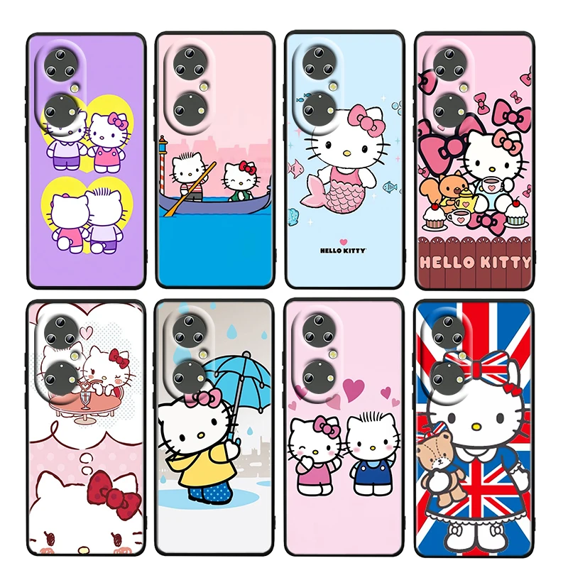 

Cartoon Hello Kitty Pink For Huawei P50 P20 P30 P40 5G P10 Pro Lite E Plus P9 Lite Mini Soft TPU Silicone Black Phone Case Cover