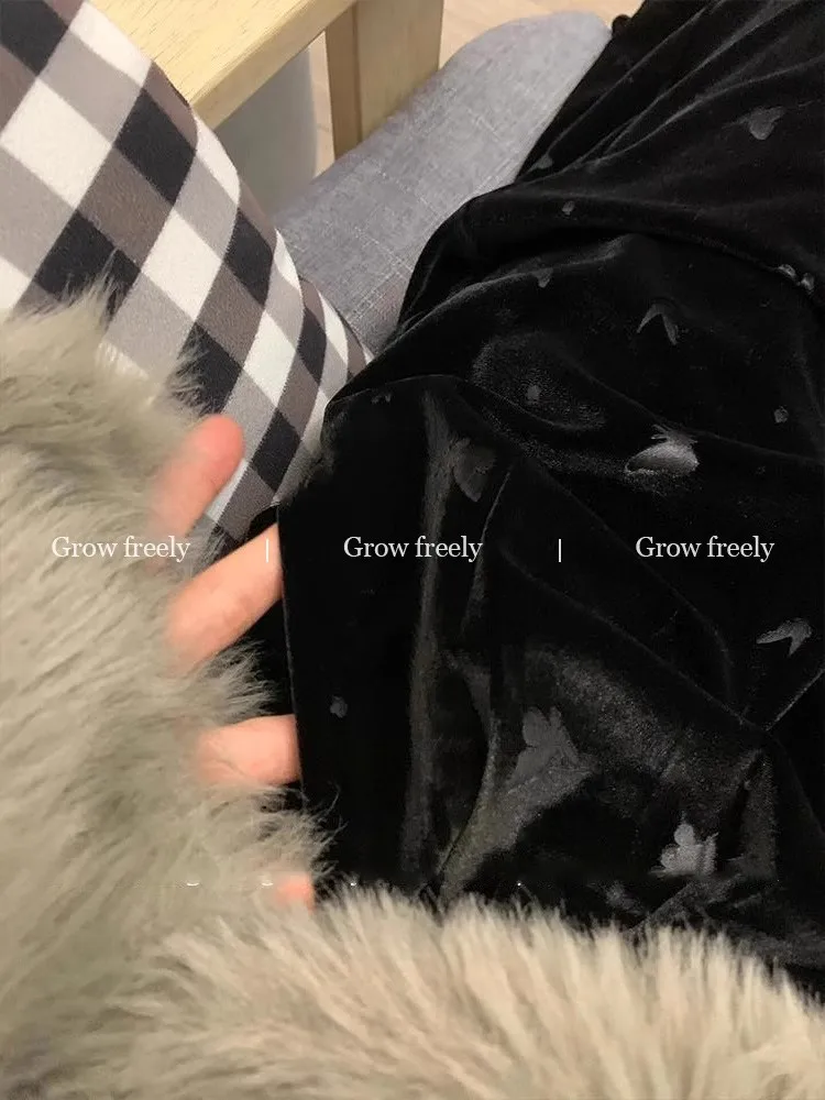 Plus Size w Freely Black Print Velvet Casual Pants Women Autumn and Winter Fleece-lined High Waist Slimming Straight