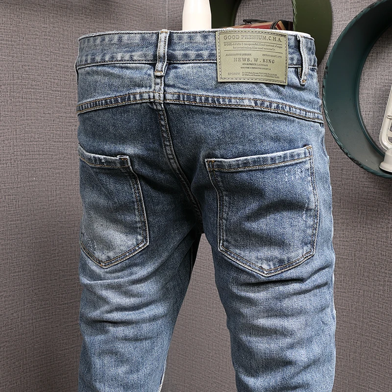 Streetwear Fashion Men Jeans Retro Blue Spliced Designer Slim Fit Ripped Jeans Men Elastic Vintage Trousers Hip Hop Pants Hombre