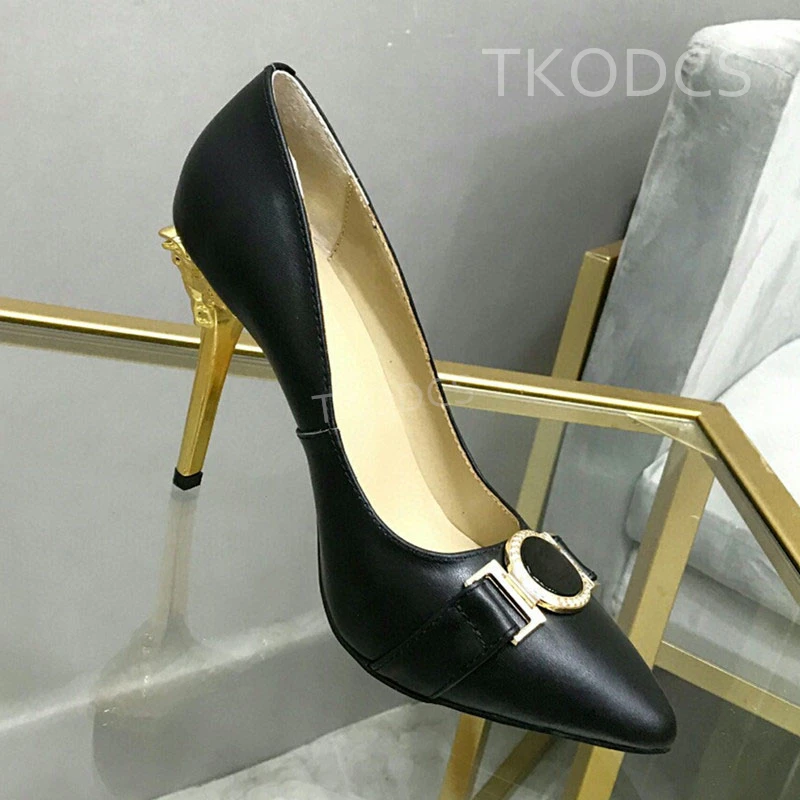 

New Fashion Brand Design Classics Pumps Slip On Shallow Stilettos Pointed Toe Women Metal Decor Party Wedding High Heels Shoes