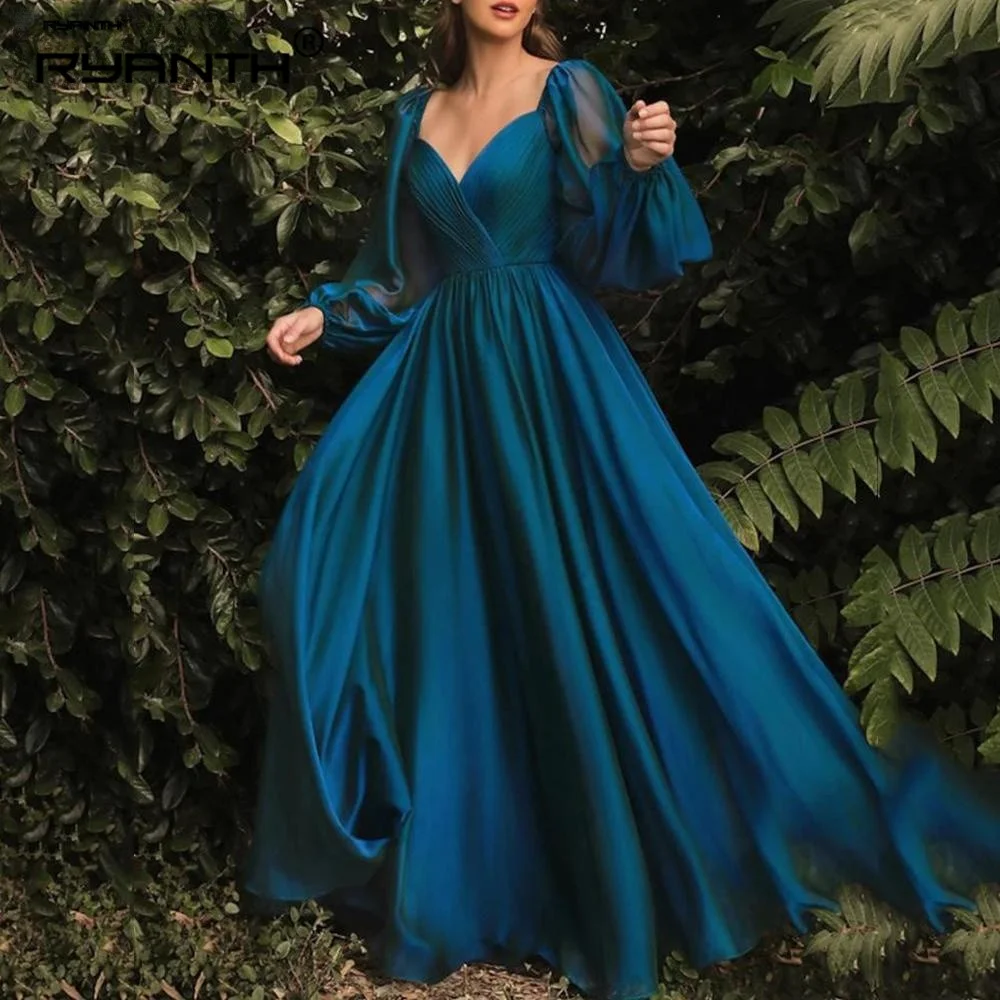

Elegant A-line evening dress V-line Backless Formal Mop Long Sleeve Down Jacket Pleated Sweet Neck Chiffon Purple