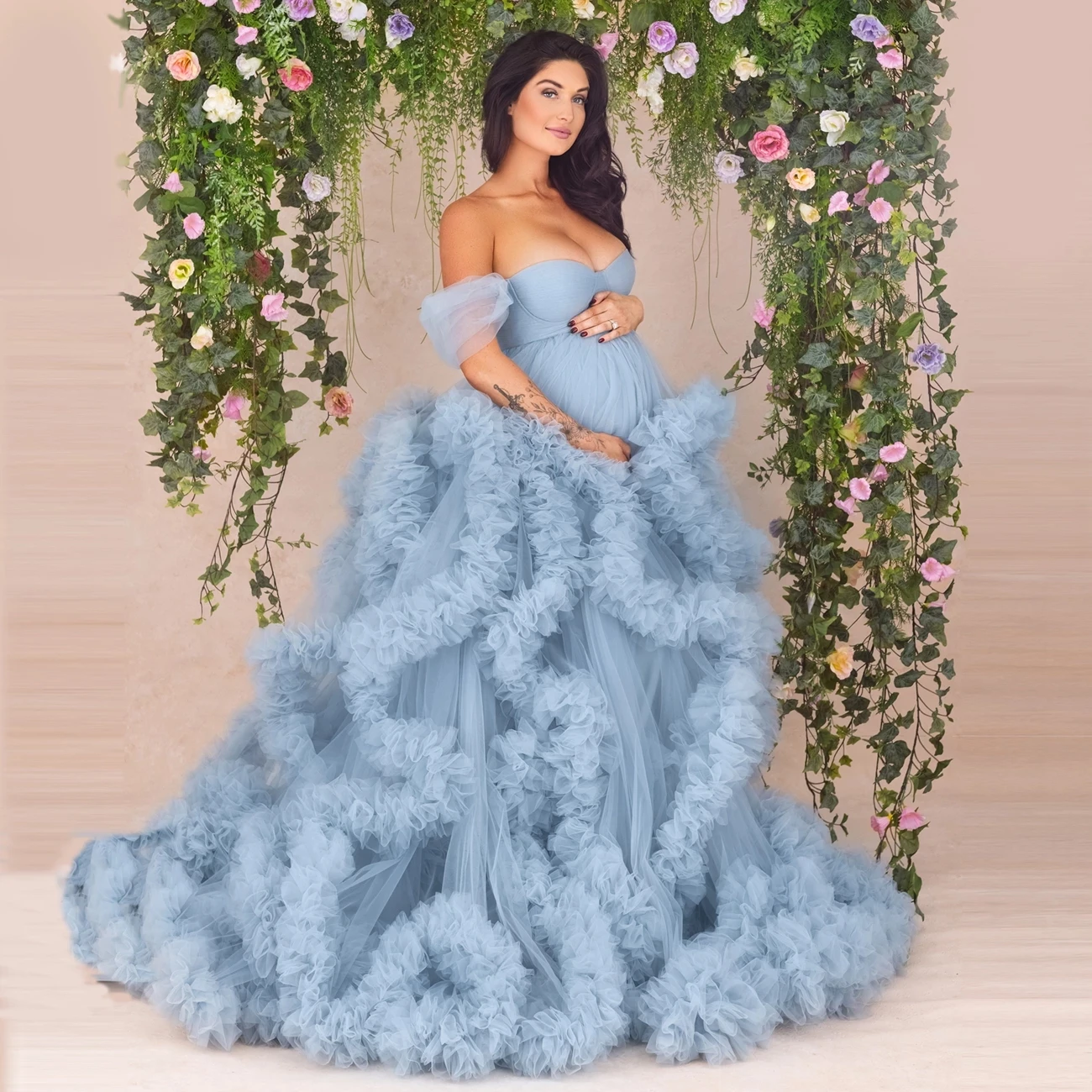 

14491#Dusty Blue Ruffled Tulle Maternity Gown Off the Shoulder Fluffy Long Pregnancy Photoshoot Dress Puffy Photography Dresses
