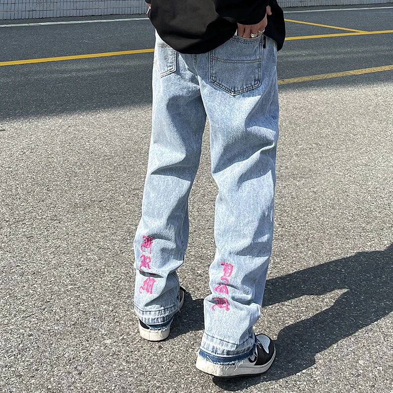 Y2K Retro Letter Embroidery Ripped Men's Jeans Harajuku Retro Straight Washed Pants Casual Oversized Denim Trousers Streetwear