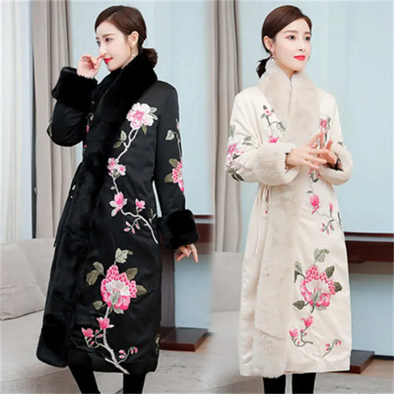 Padded Winter Long Jacket Women Chinese Style Large Size Loose Fur Collar Thickened Cotton Coat Ethnic Retro Parka Printed T709