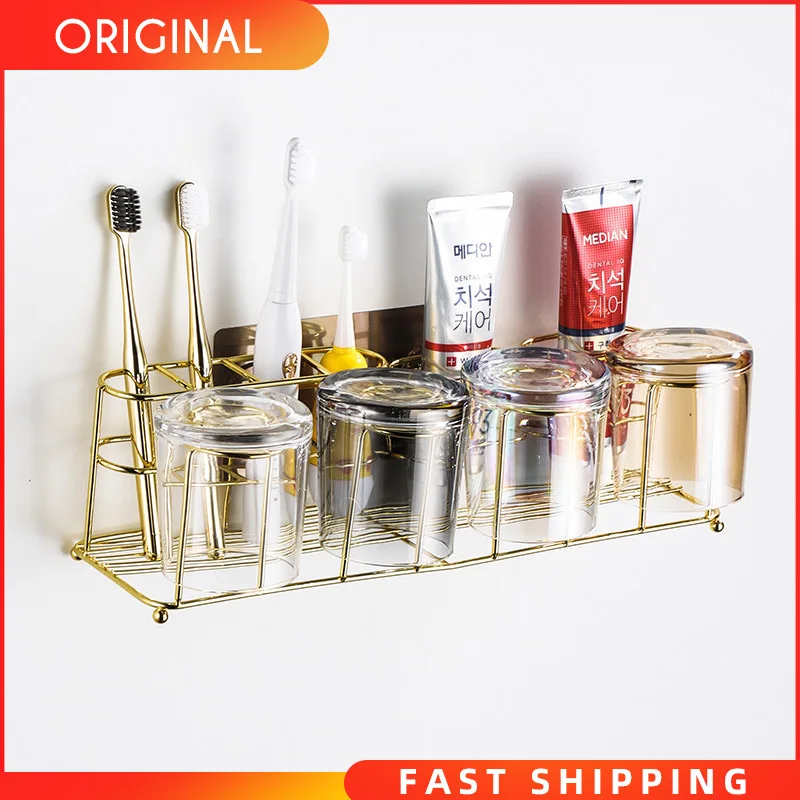 

Luxury Golden Toothbrush Holder Non-perforated Wall-mounted Mouthwash Cup Brush Jar Toilet Storage Holder Bathroom Accessories