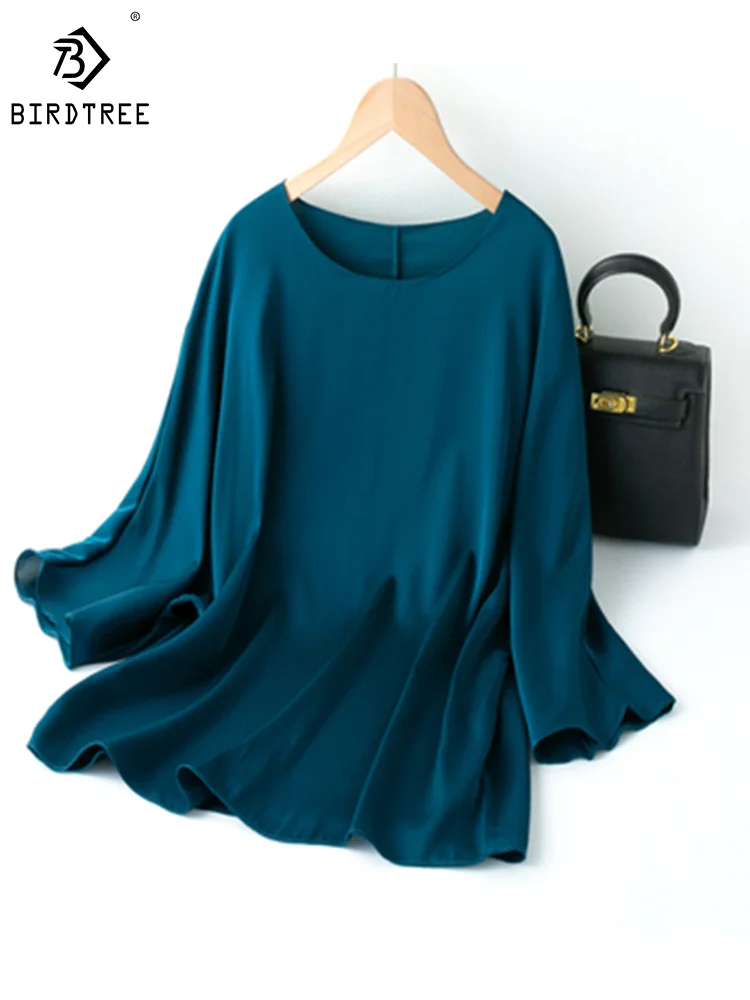

Birdtree 93%Real Silk 7%Spandex Women Solid Blouses O Neck Bat Sleeves One Piece Shirts 2023 Spring Summer New Tops T37231QM