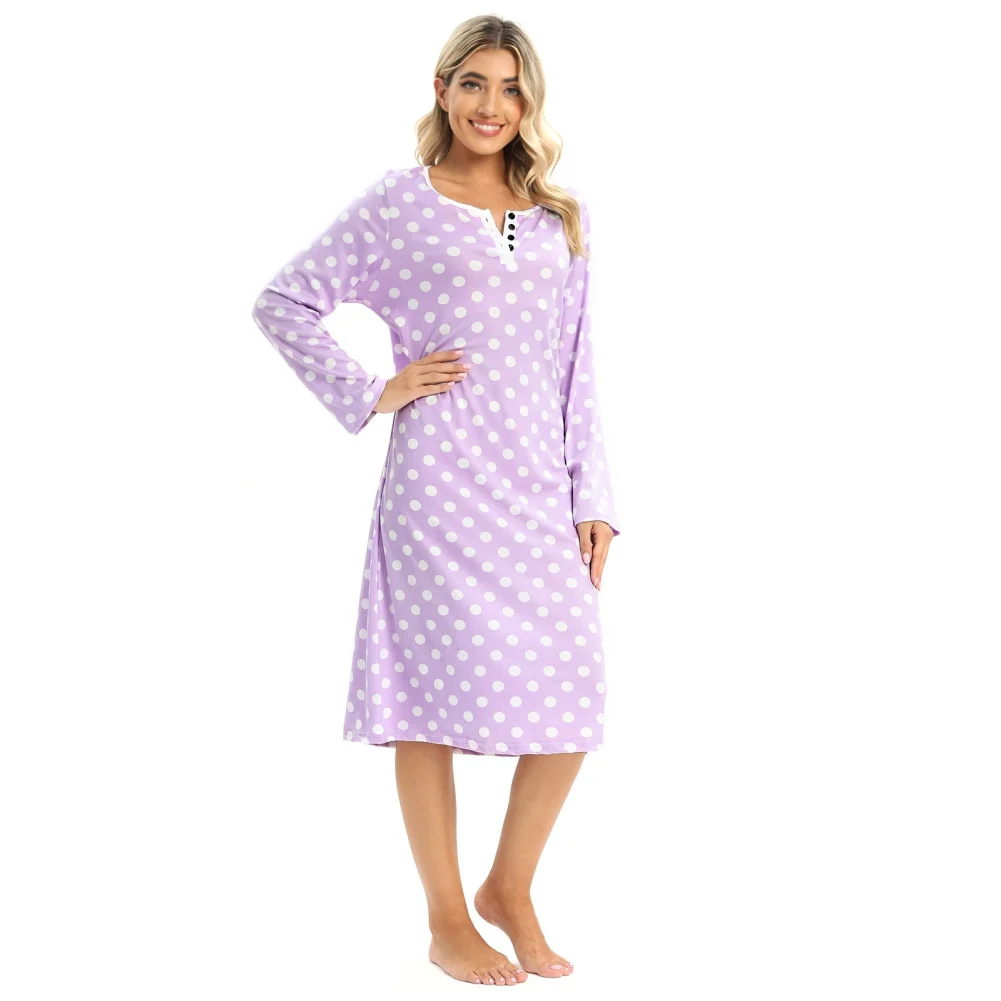 Autumn Women Polka Dot Pajamas Long Sleeves Trendy Dress Sleep Nightgown Winter Crewneck Print Sleepdress