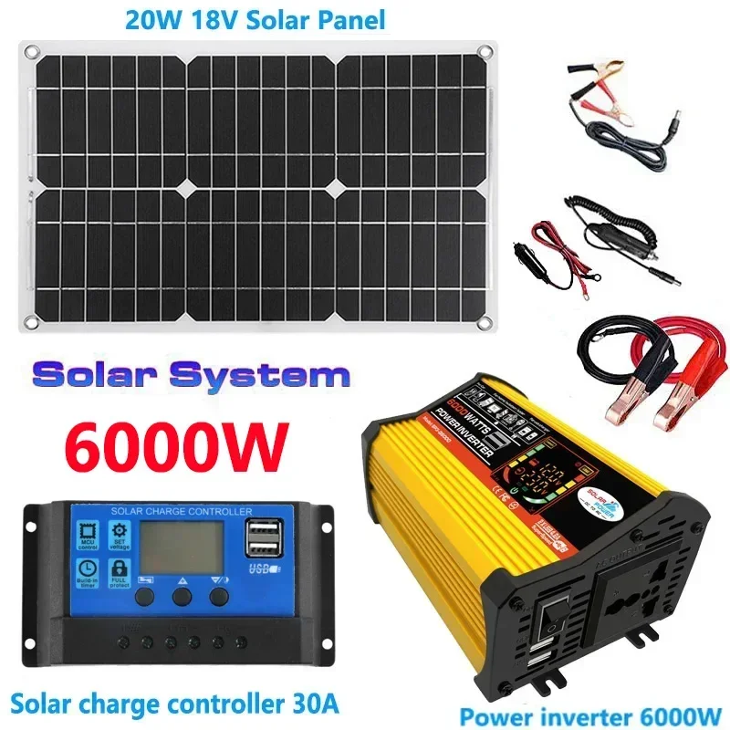 

12V to 110V/220V Solar Power System 20W Solar Panel+30A Charge Controller+6000W Modified Sine Wave Inverter Power Generation Kit