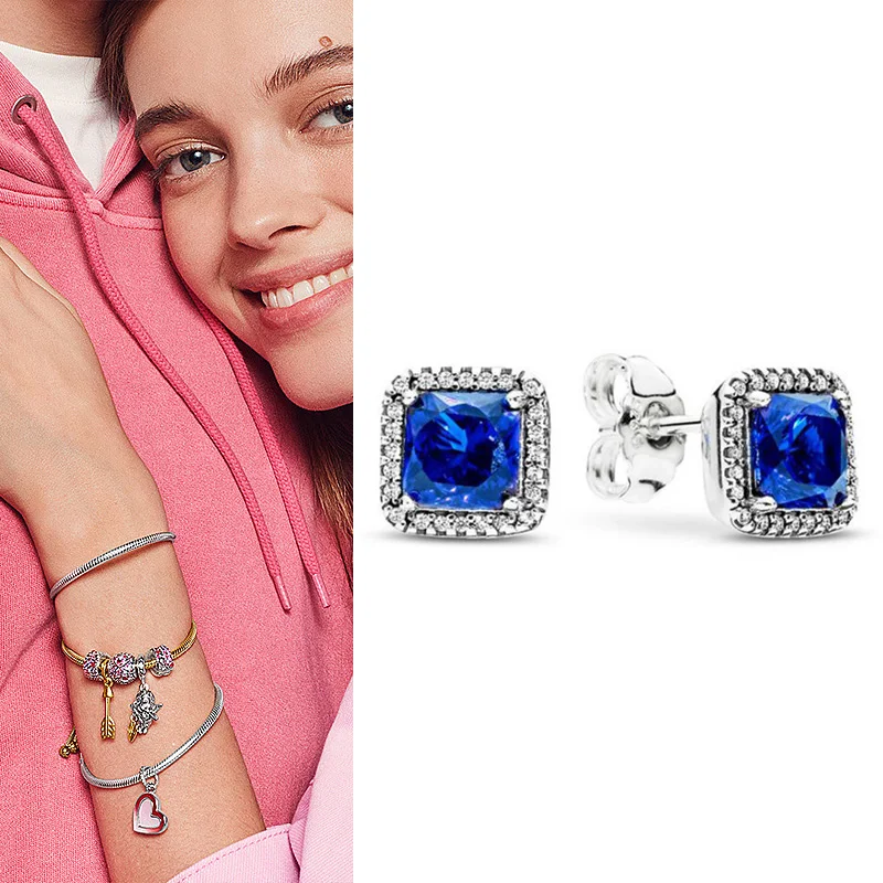 

Original 925 серьги Silver Pan Earrings Blue Fashion Square With Crystal Pan Earrings For Women Wedding Gift Fashion Jewelry