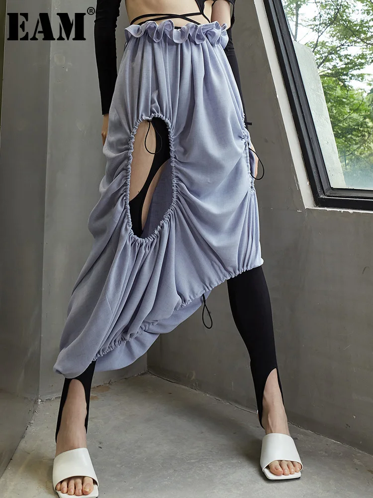

[EAM] High Elastic Waist Blue Hollow Out Ruffles Irregular Half-body Skirt Women Fashion Tide New Spring Summer 2023 1DE9434