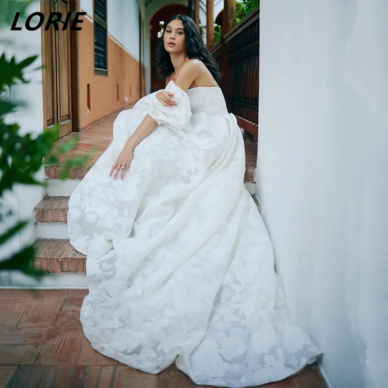 

LORIE Vintage Floral Print Wedding Dresses Off Shoulder Short Puff Sleeves Backless Boho Bridal Gowns Strapless Bride Dress